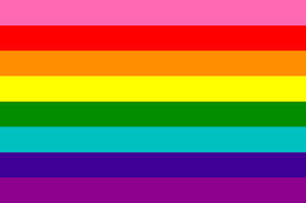 Flag with eight even horizontal stripes, from top to bottom: pink, red, orange, yellow, green, turquoise, blue, purple.