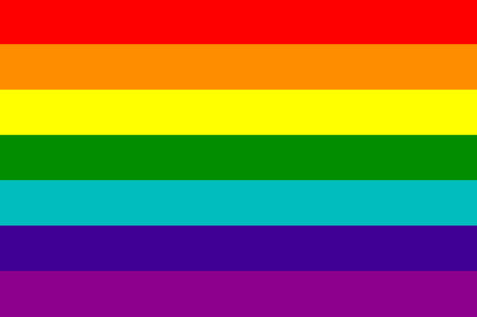 Flag with seven even horizontal stripes, from top to bottom: red, orange, yellow, green, turquoise, blue, purple.