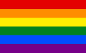 Flag with six even horizontal stripes, from top to bottom: red, orange, yellow, green, blue, purple