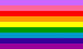 Flag with nine even horizontal stripes, from top to bottom: lavender, pink, red, orange, yellow, green, turquoise, blue, purple.