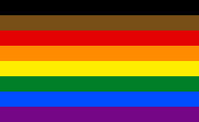 Flag with eight even horizontal stripes, from top to bottom: black, brown, red, orange, yellow, green, blue, purple.